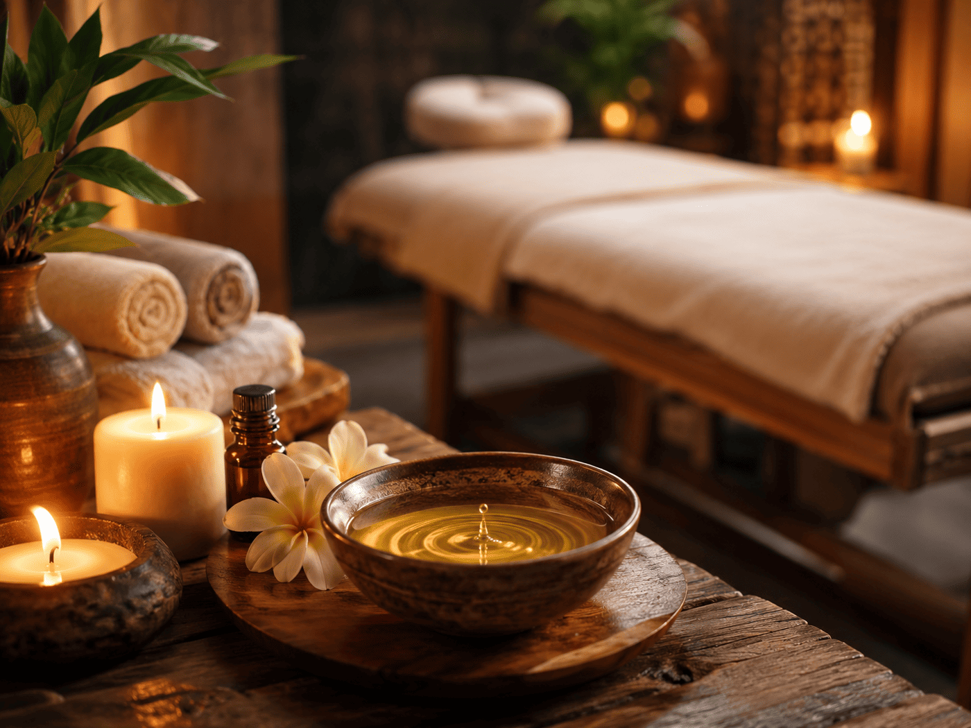 Aromamassage mit ätherischen Ölen am Rücken einer entspannten Klientin