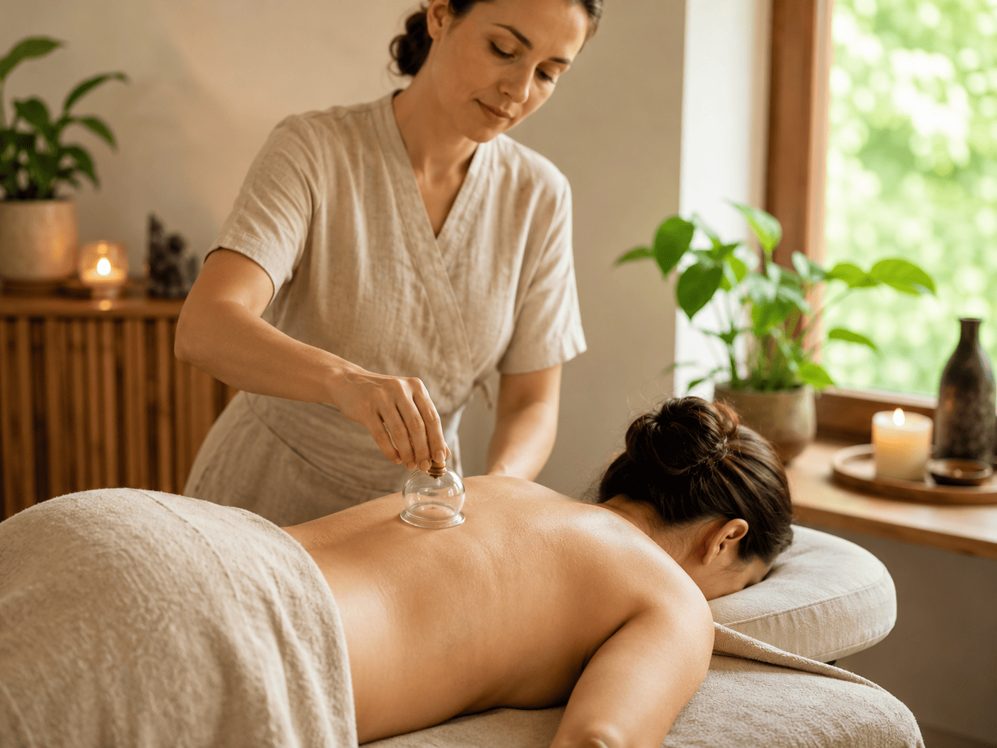 Klassische Schröpfmassage am Rücken mit Glasschröpfköpfen